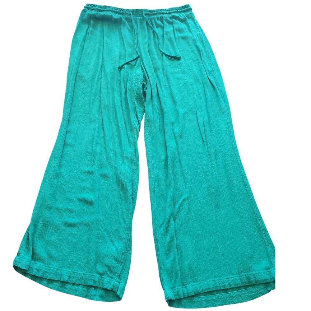 Robert Louis Teal Wide Leg Drawstring Pants Womens XL Rayon Crinkle Gauze Boho